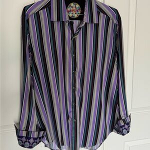 Robert Graham Purple and Black striped multicolored Shirt with silver buttons